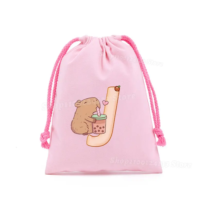 Capybara Cute Drawstring Bag Letters A-Z Anime Kawaii Prined Sport Girls Portable Kids Birthday Party Hand Pocket Gift Pouch Hot