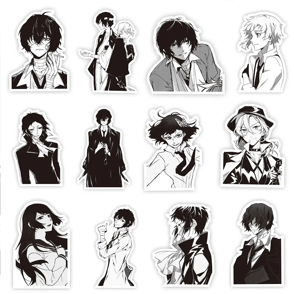 65pcs Black White Anime Bungo Stray Dogs Stickers Cartoon Retro Decals Motorcycle Laptop Car Cool Manga Sticker for Kids Toys