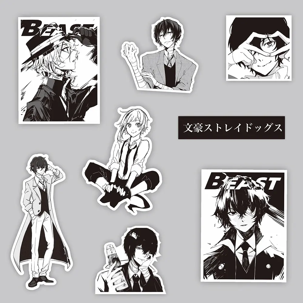 65pcs Black White Anime Bungo Stray Dogs Stickers Cartoon Retro Decals Motorcycle Laptop Car Cool Manga Sticker for Kids Toys