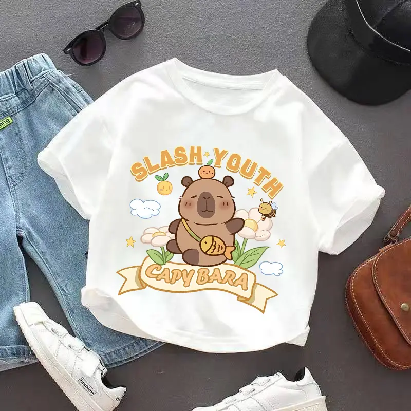 Cute Capybara T-Shirts Loves Bubble Tea Print Kids T-Shirt Summer Children's Short Sleeved Casual Tops Cartoon Tee Boy Girl Gift