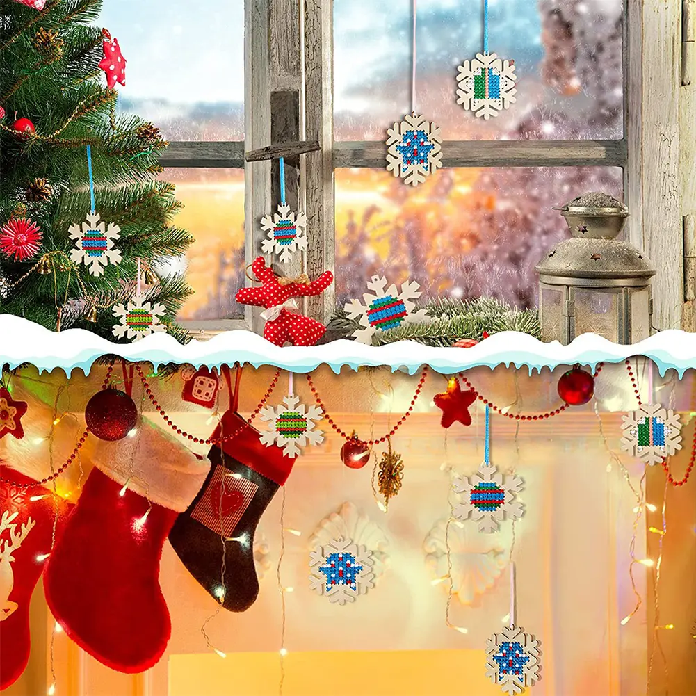 Cross Stitch Hanging Pendant Snowflake 3D DIY Cross Stitch Pendant Wooden Ornaments Making Kit for Home Xmas Tree Easter Decor