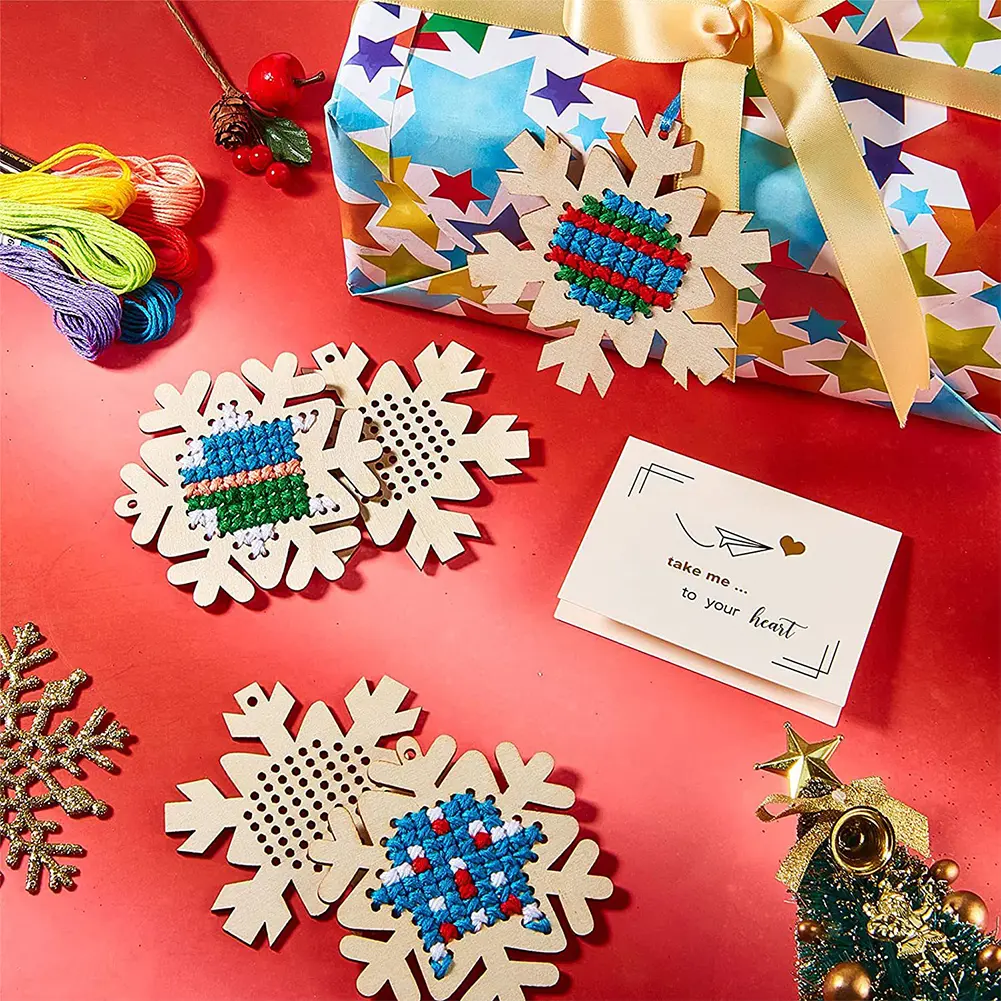 Cross Stitch Hanging Pendant Snowflake 3D DIY Cross Stitch Pendant Wooden Ornaments Making Kit for Home Xmas Tree Easter Decor