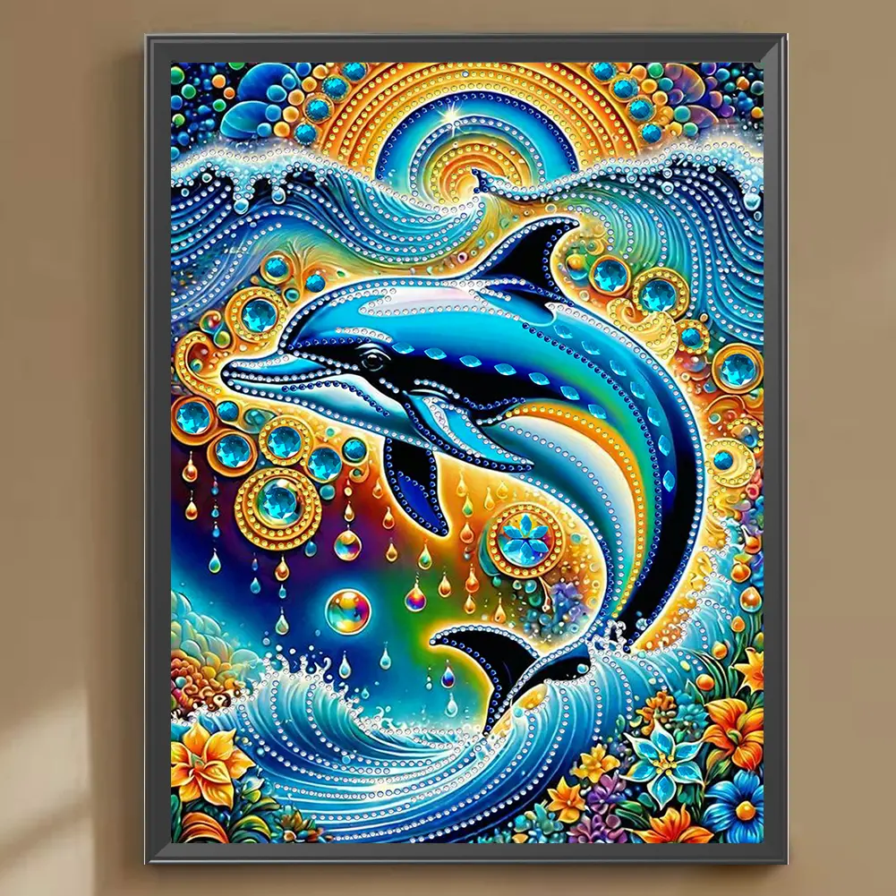 5D DIY Partial Special Shaped Drill Diamond Painting Kit 30 * 40cm Easter Decor Dolphins Marine Animals Decor Home Bedroom Decor
