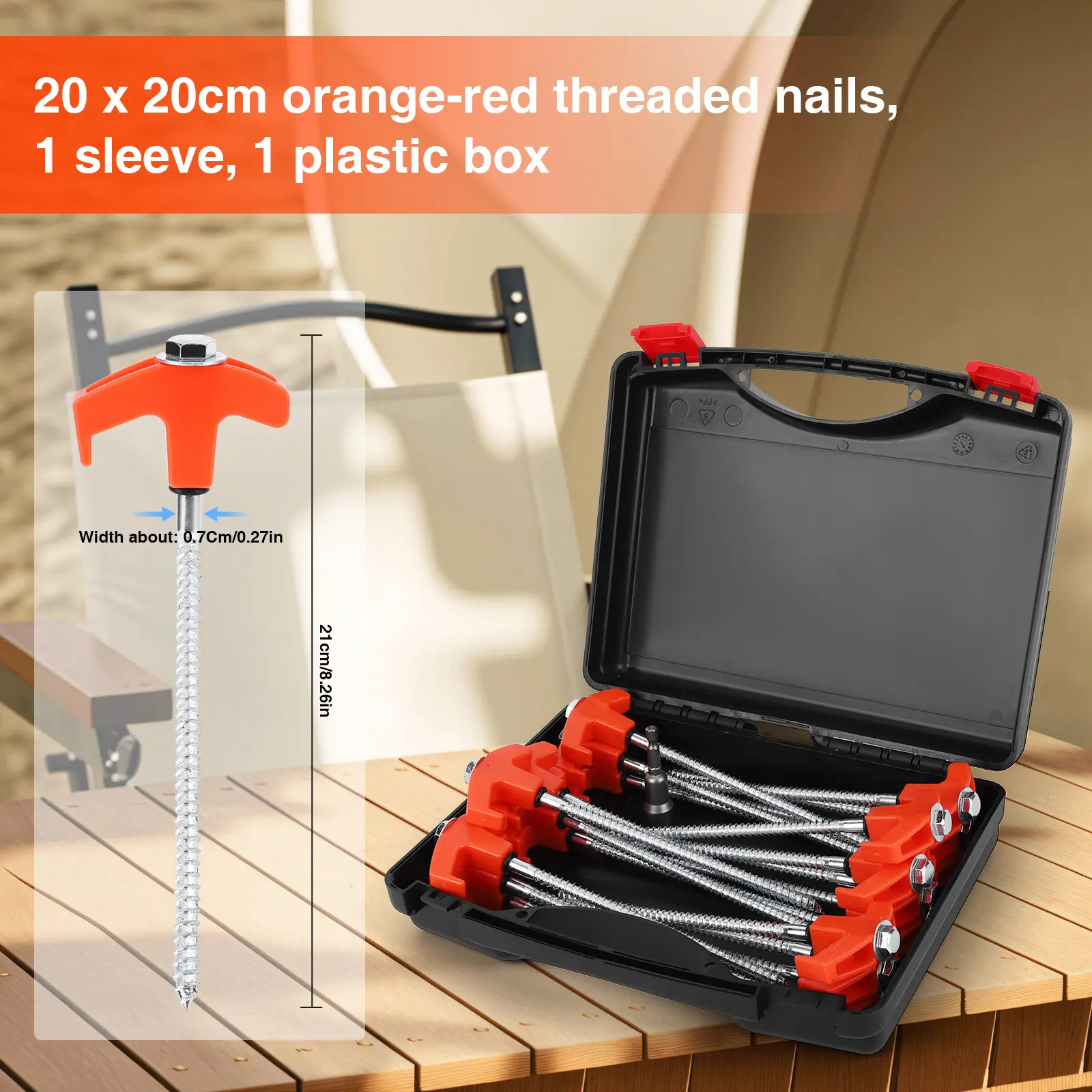 20 Pack 7inch Pegs Screw In Drill Top Includes Hex Head Driver & Storage Box Awning Pegs Metal Threaded Tent Spikes for Camping