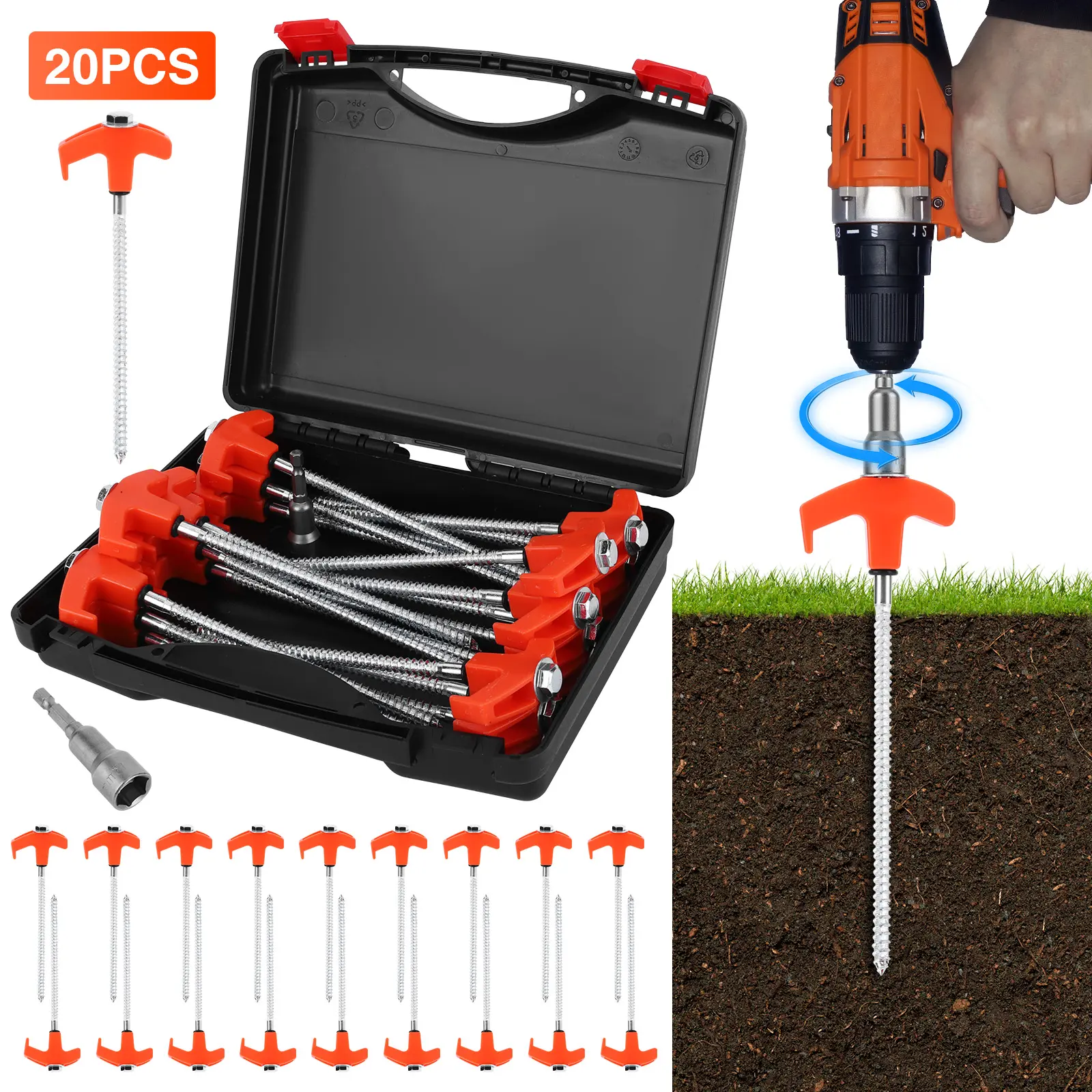 20 Pack 7inch Pegs Screw In Drill Top Includes Hex Head Driver & Storage Box Awning Pegs Metal Threaded Tent Spikes for Camping