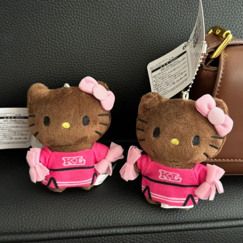 Sanrios Cute Black Leather Cheerleading Hellokittys Bag Pendant Plush Doll Girl Cartoon Doll Toy Keychain DIY Decoration Gift