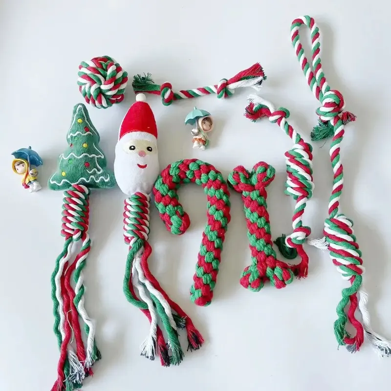 Christmas Dog Toy Pet Cotton Rope Knot Interactive Dog Toys Ball for Puppy Dogs Large Dogs Toothbrush Chew Dog Accessories