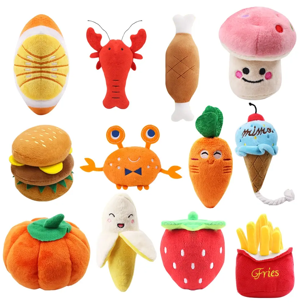 Plush Squeaky Bone Dog Toy Bite Resistant Clean Dog Chew Puppy Training Toy Soft Banana Carrot Vegetable Toy Ball Fruit