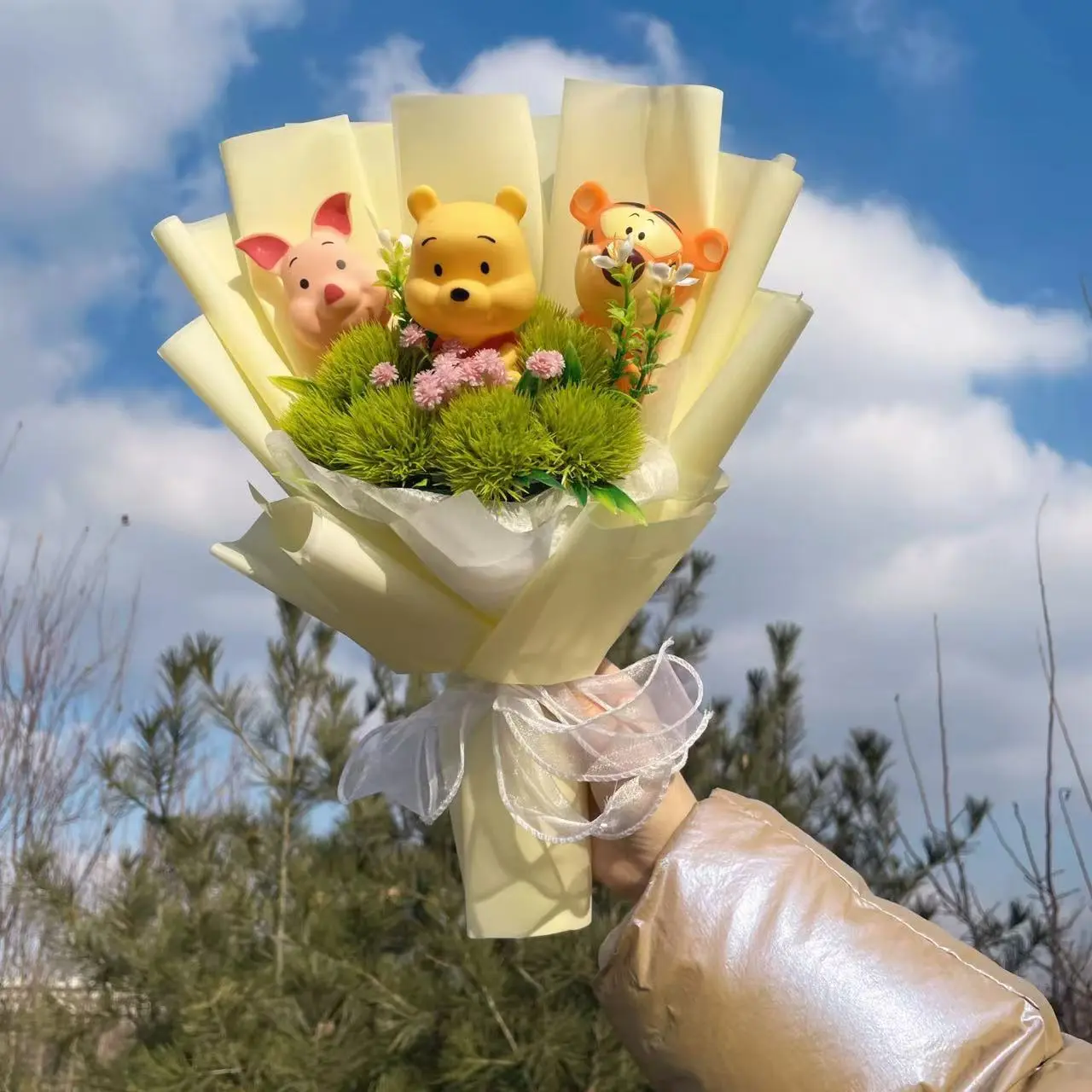 Cartoon Winnie the Pooh Plush Doll Toy Handmade Flower Bouquet Wedding Valentine's Day Christmas Graduation Gifts
