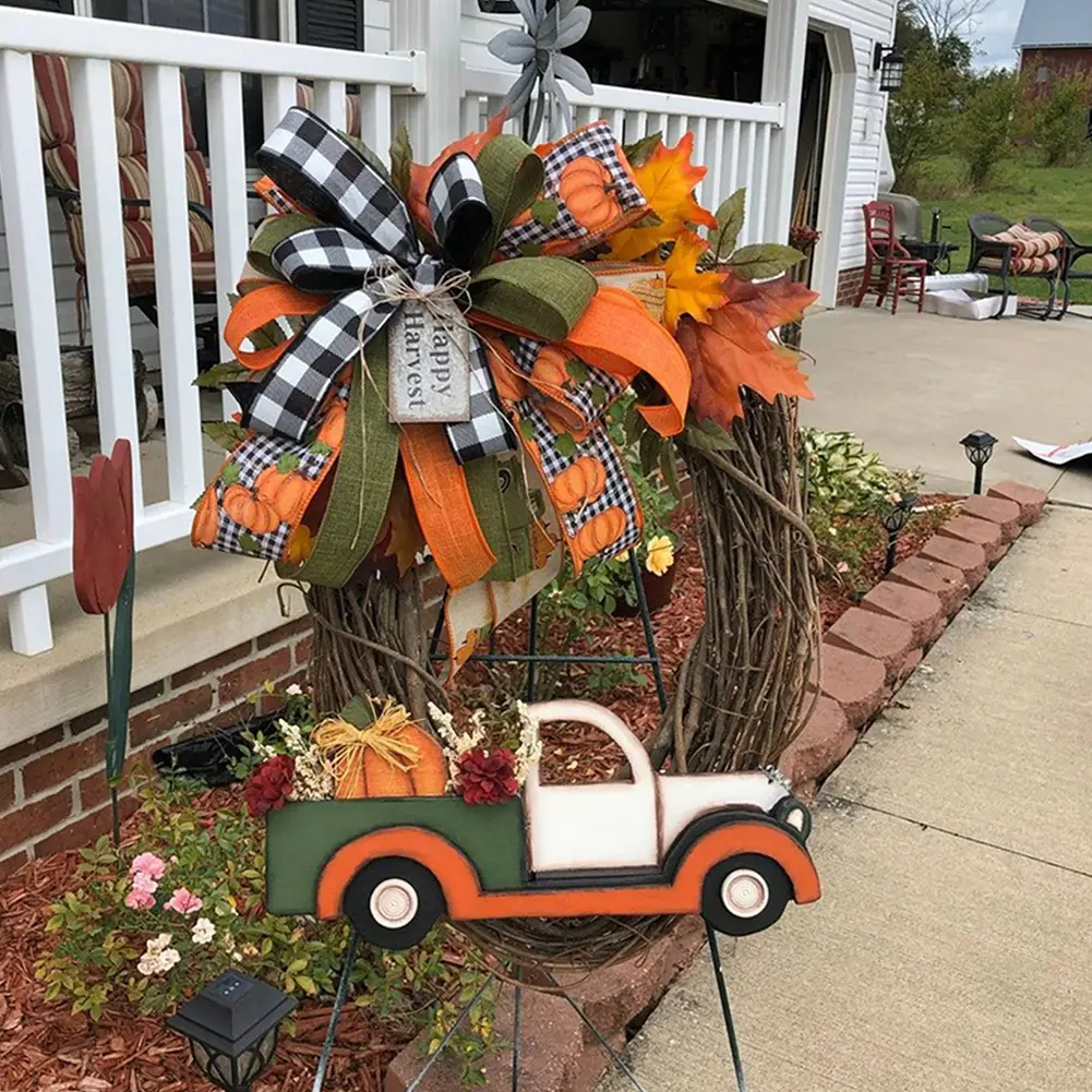 Farmhouse Pumpkin Cart Wreath Door Wreath Halloween Pumpkin Truck Wreath for Halloween Thanksgiving Decoration