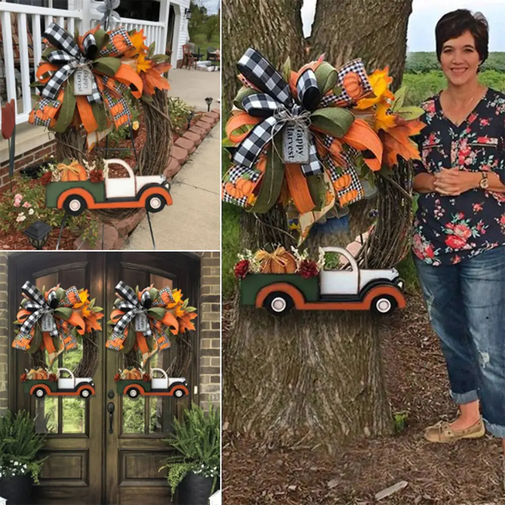 Farmhouse Pumpkin Cart Wreath Door Wreath Halloween Pumpkin Truck Wreath for Halloween Thanksgiving Decoration