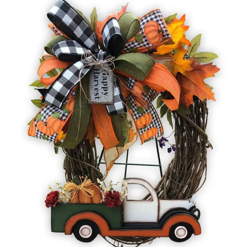 Farmhouse Pumpkin Cart Wreath Door Wreath Halloween Pumpkin Truck Wreath for Halloween Thanksgiving Decoration