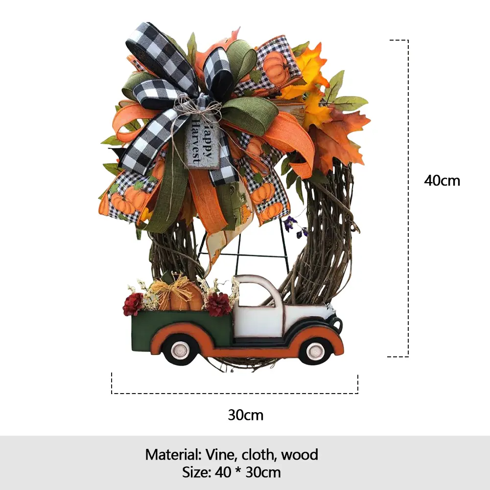 Farmhouse Pumpkin Cart Wreath Door Wreath Halloween Pumpkin Truck Wreath for Halloween Thanksgiving Decoration