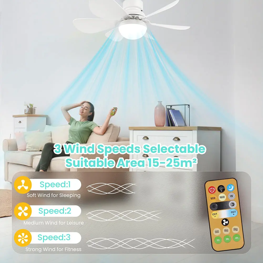Socket Fan Light with Remote Screw in Ceiling Fan in Light Socket Ceiling Fan with LED Light & 6 Blades for Bedroom Living Room