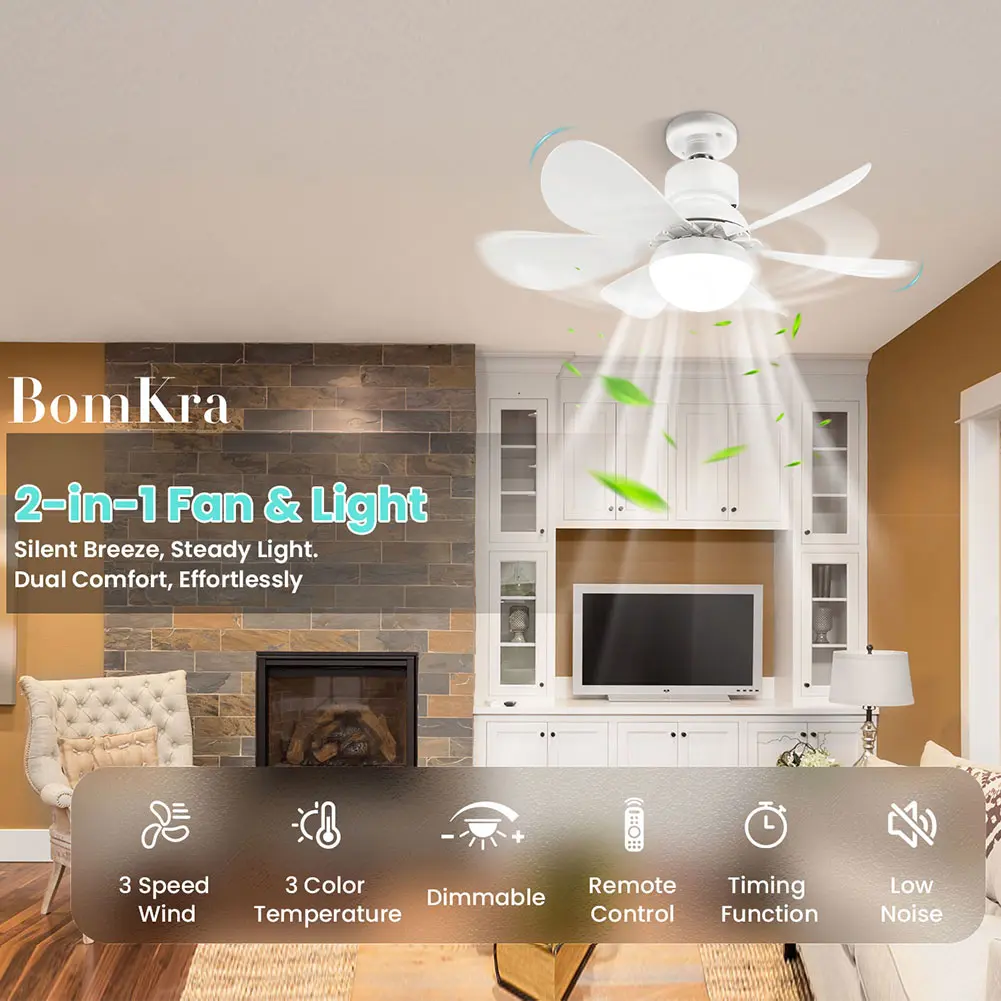 Socket Fan Light with Remote Screw in Ceiling Fan in Light Socket Ceiling Fan with LED Light & 6 Blades for Bedroom Living Room