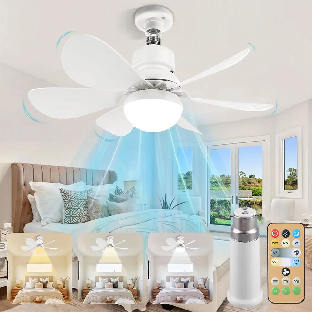 Socket Fan Light with Remote Screw in Ceiling Fan in Light Socket Ceiling Fan with LED Light & 6 Blades for Bedroom Living Room