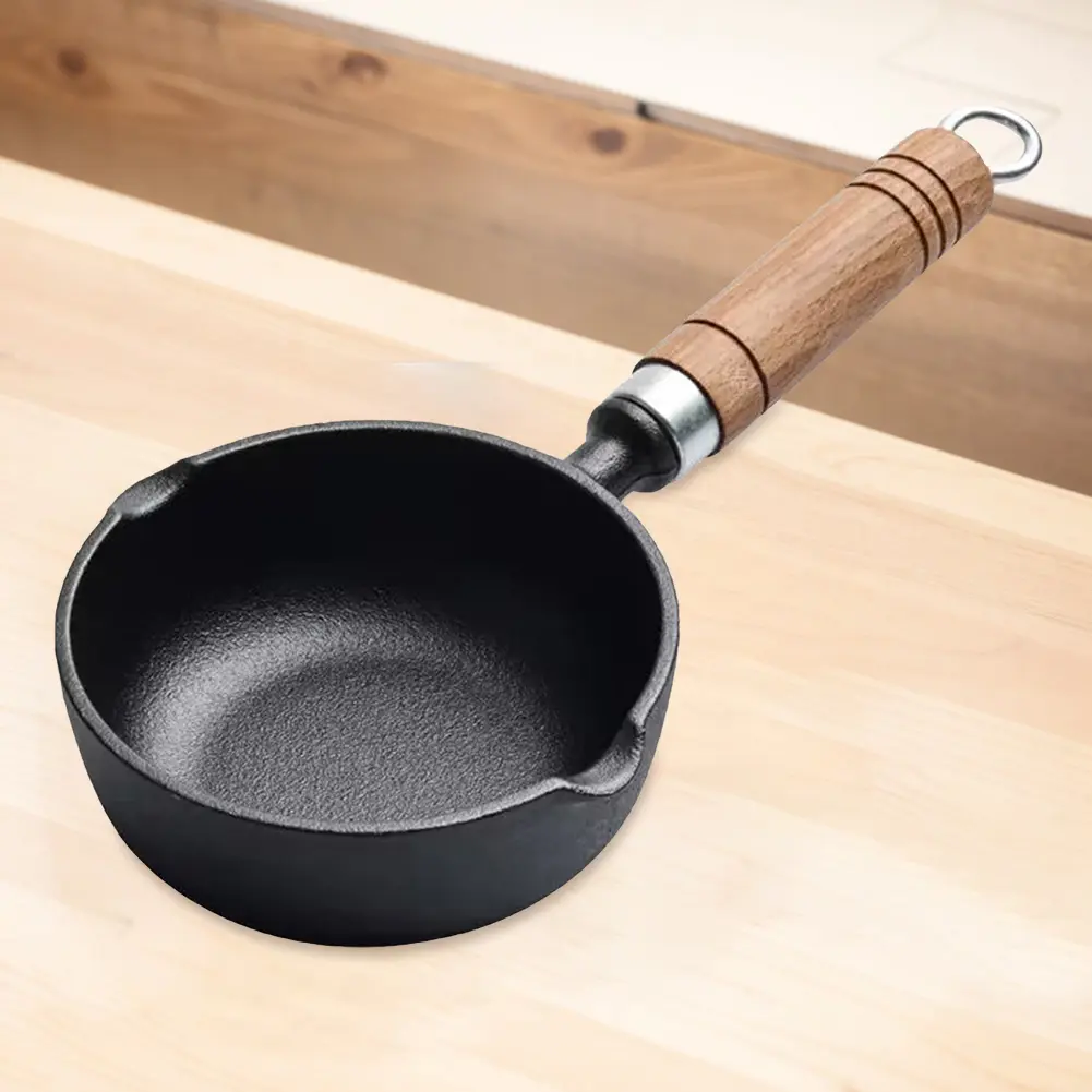 11/13cm Cast Iron Household Frying Pan Nonstick Steak Auxiliary Food Pan Wood Handle Milk Pan with Pour Spout Butter Melting Pot