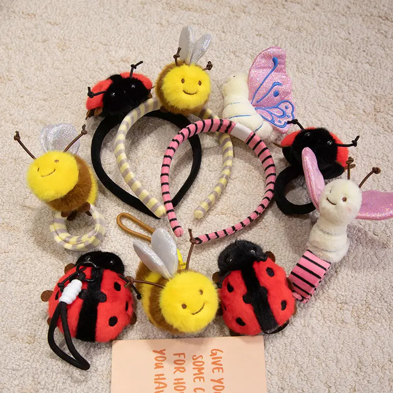 Butterfly Seven-Spotted Ladybug Coccinellidae Bee Headband Wrist Rattle Pendant Insec Plush Toy Birthday Gift for Girl Kids Baby