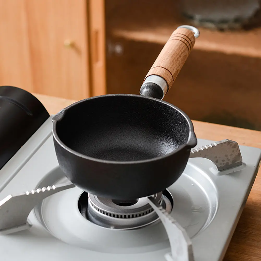 11/13cm Cast Iron Household Frying Pan Nonstick Steak Auxiliary Food Pan Wood Handle Milk Pan with Pour Spout Butter Melting Pot