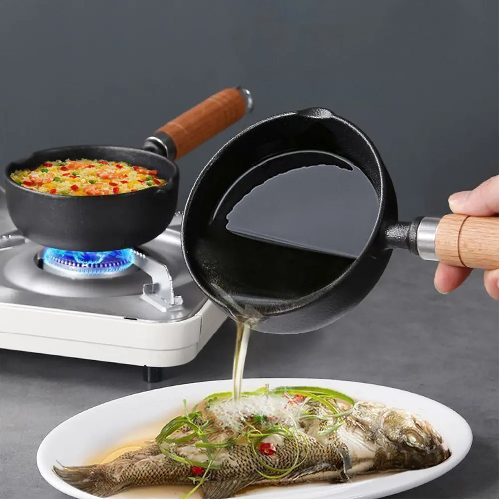 11/13cm Cast Iron Household Frying Pan Nonstick Steak Auxiliary Food Pan Wood Handle Milk Pan with Pour Spout Butter Melting Pot