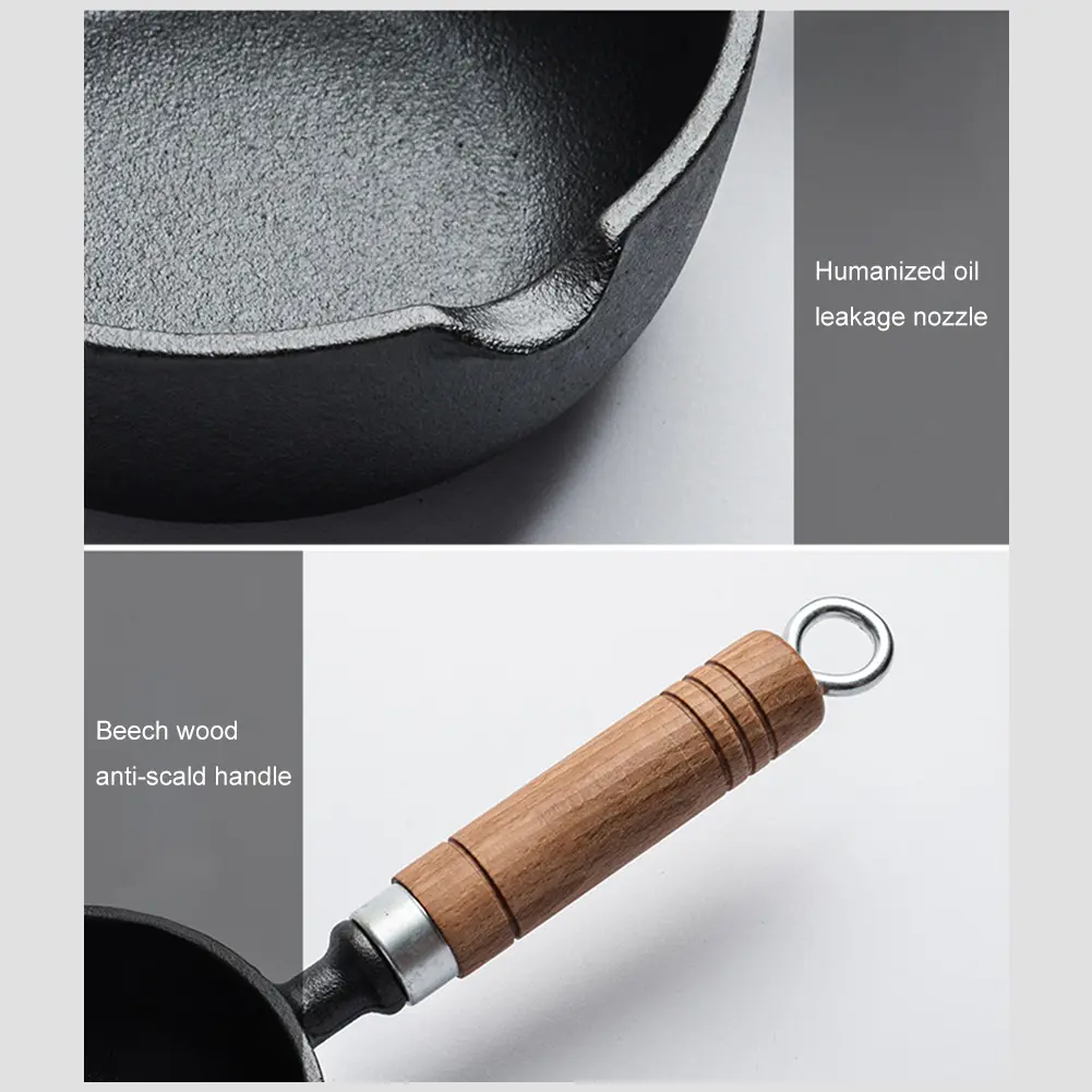 11/13cm Cast Iron Household Frying Pan Nonstick Steak Auxiliary Food Pan Wood Handle Milk Pan with Pour Spout Butter Melting Pot