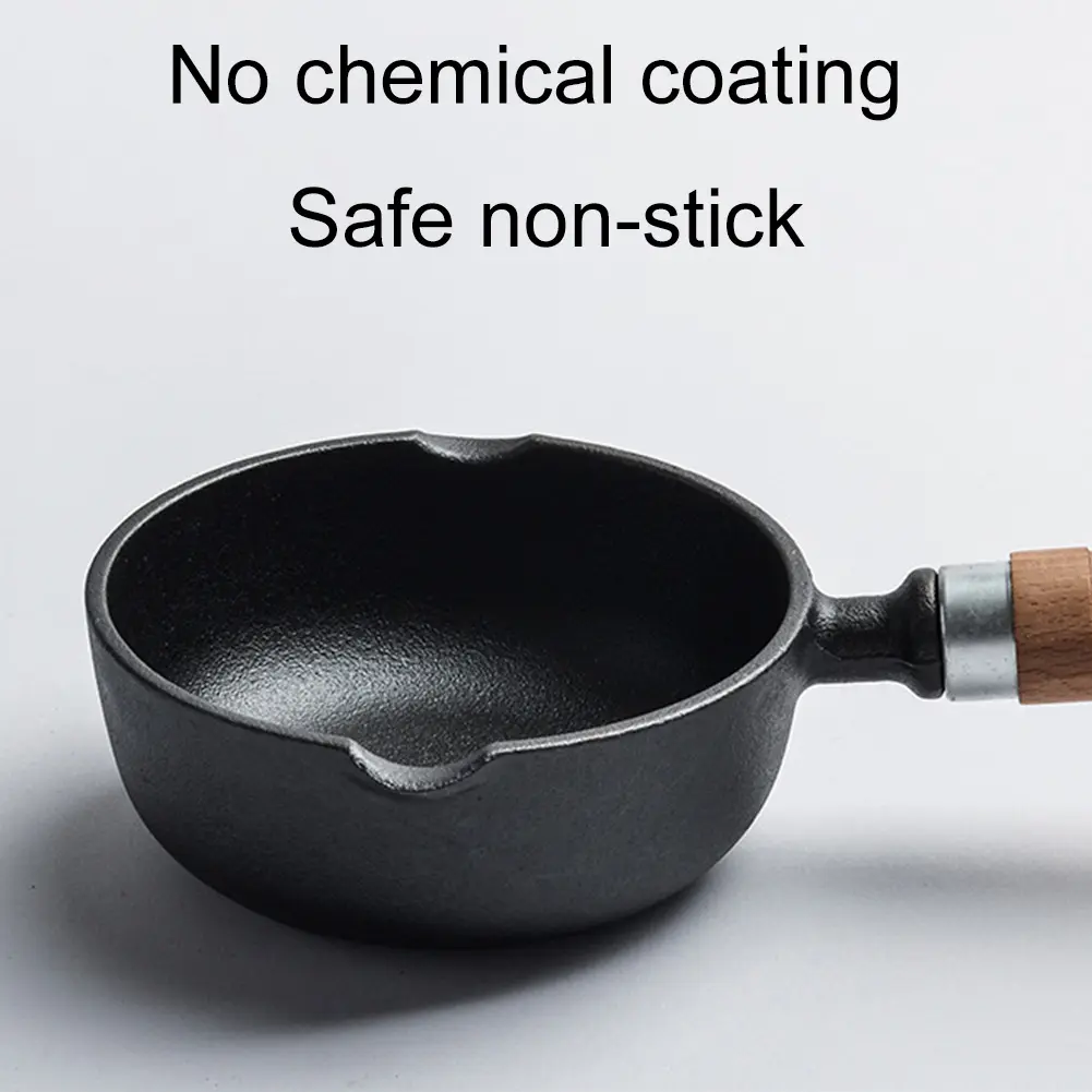 11/13cm Cast Iron Household Frying Pan Nonstick Steak Auxiliary Food Pan Wood Handle Milk Pan with Pour Spout Butter Melting Pot