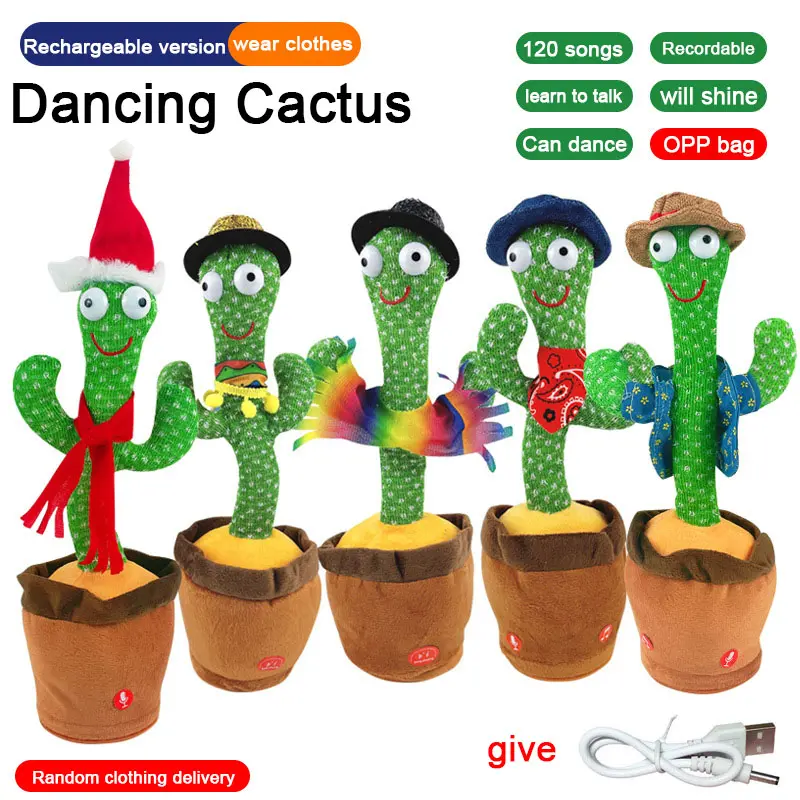 Dancing Talking Cactus Toys Singing Mimicking Recording Repeating What You Say Glow Stuffed Toy For Baby Boys Girl With clothing