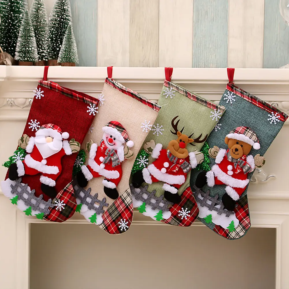 4Pcs Christmas Stockings Set Large Capacity Surprised Gift Bag Set Plush Santa Claus/Snowman/Bear/Elk for Home Classroom Party