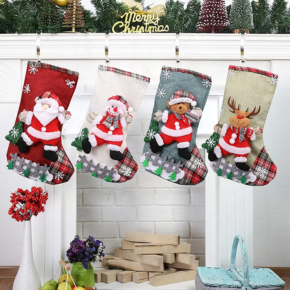 4Pcs Christmas Stockings Set Large Capacity Surprised Gift Bag Set Plush Santa Claus/Snowman/Bear/Elk for Home Classroom Party