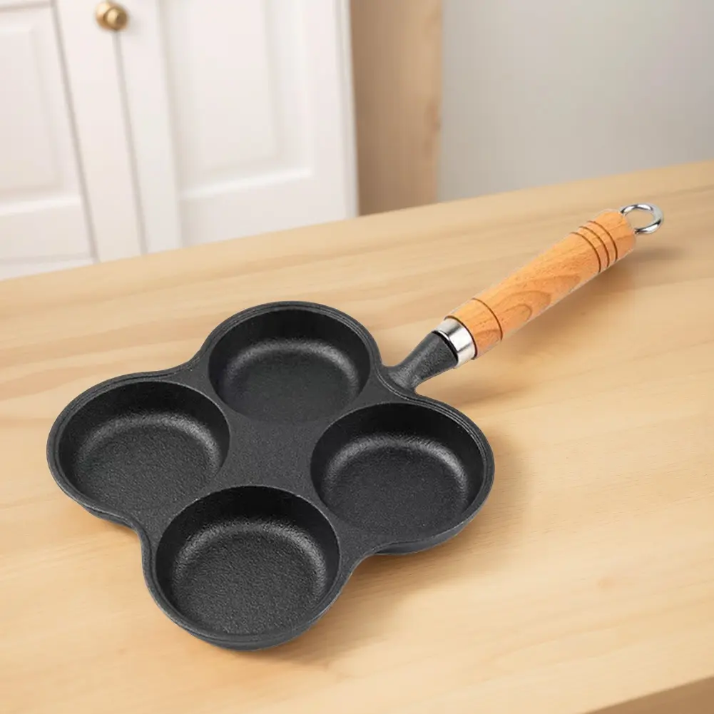 4 Hole Omelet Pan Egg Frying Pan Nonstick Fried Egg Pan Granite Coating Divided Egg Omelet Pan Wooden Handle for Home Kitchen