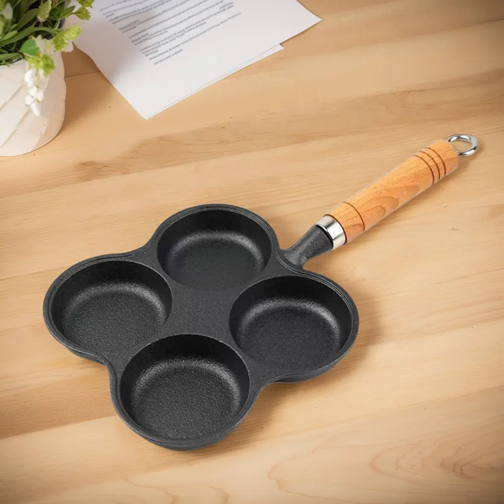 4 Hole Omelet Pan Egg Frying Pan Nonstick Fried Egg Pan Granite Coating Divided Egg Omelet Pan Wooden Handle for Home Kitchen