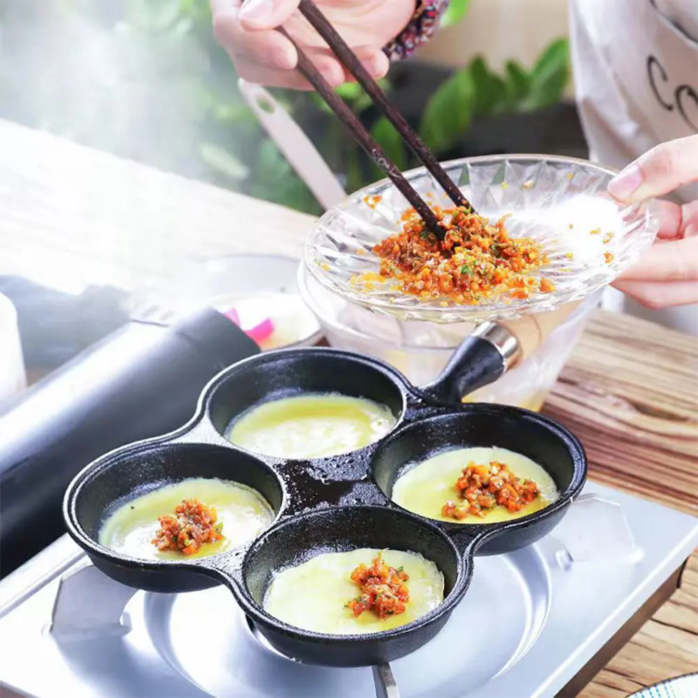 4 Hole Omelet Pan Egg Frying Pan Nonstick Fried Egg Pan Granite Coating Divided Egg Omelet Pan Wooden Handle for Home Kitchen