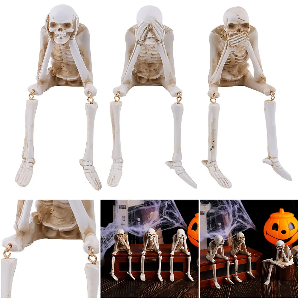Realistic See Speak Hear No Evil Skeleton Statue Halloween Statues Skeleton Shelf Sitter Figurines Crafts Halloween Party Decor