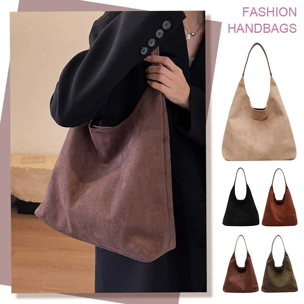 Women Suede Shoulder Bag Retro Single Shoulder Bag Large Capacity Simple Tote Handbag Solid Color Hasp Closure Top Handle Bag