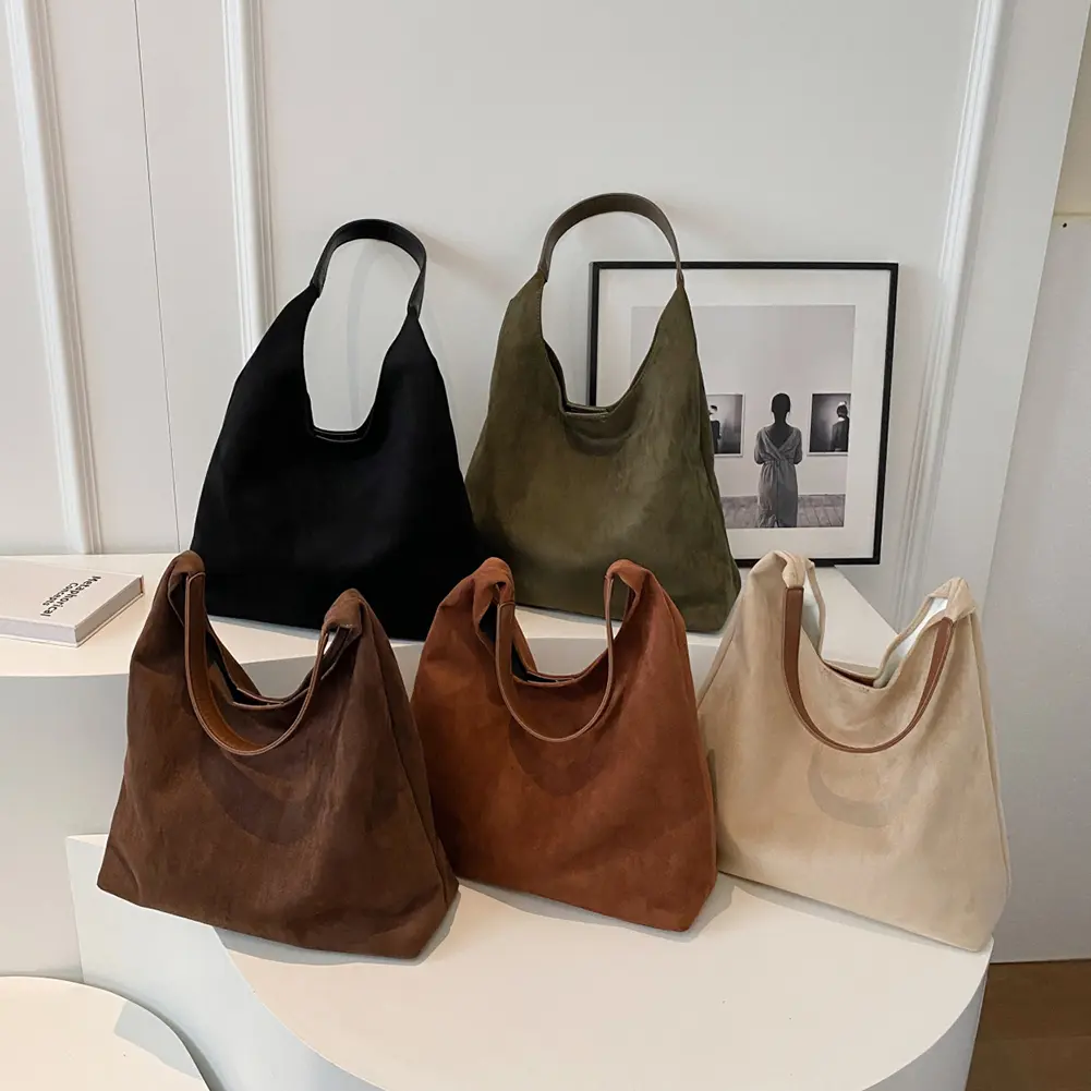Women Suede Shoulder Bag Retro Single Shoulder Bag Large Capacity Simple Tote Handbag Solid Color Hasp Closure Top Handle Bag