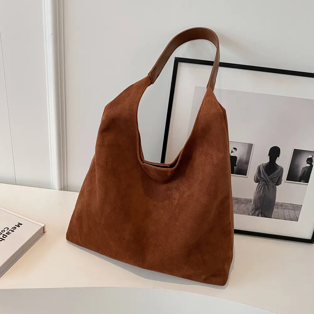 Women Suede Shoulder Bag Retro Single Shoulder Bag Large Capacity Simple Tote Handbag Solid Color Hasp Closure Top Handle Bag