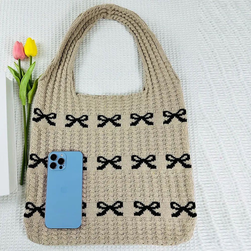 Women Crochet Shoulder Bag Large Capacity Bow Pattern Crochet Tote Bag Multifunctional Fashion Woven Bag for Shopping Traveling