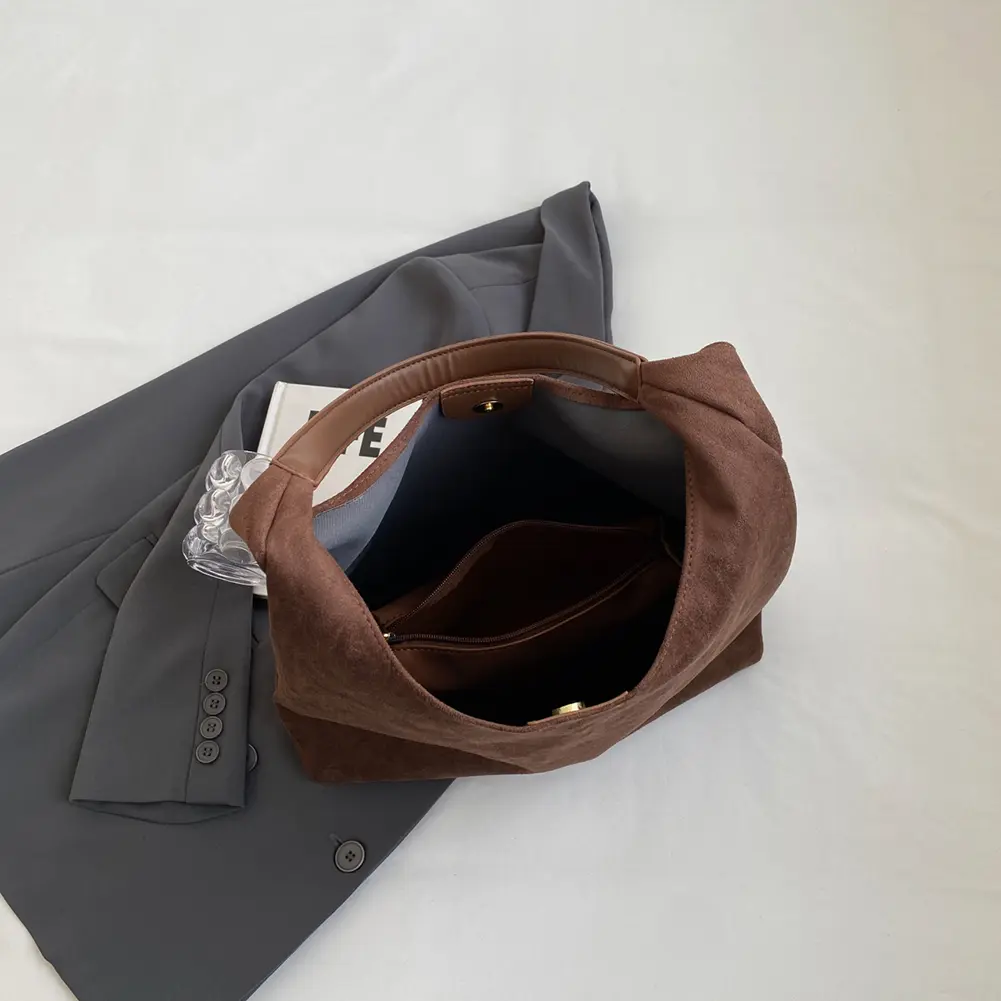 Women Suede Shoulder Bag Retro Single Shoulder Bag Large Capacity Simple Tote Handbag Solid Color Hasp Closure Top Handle Bag