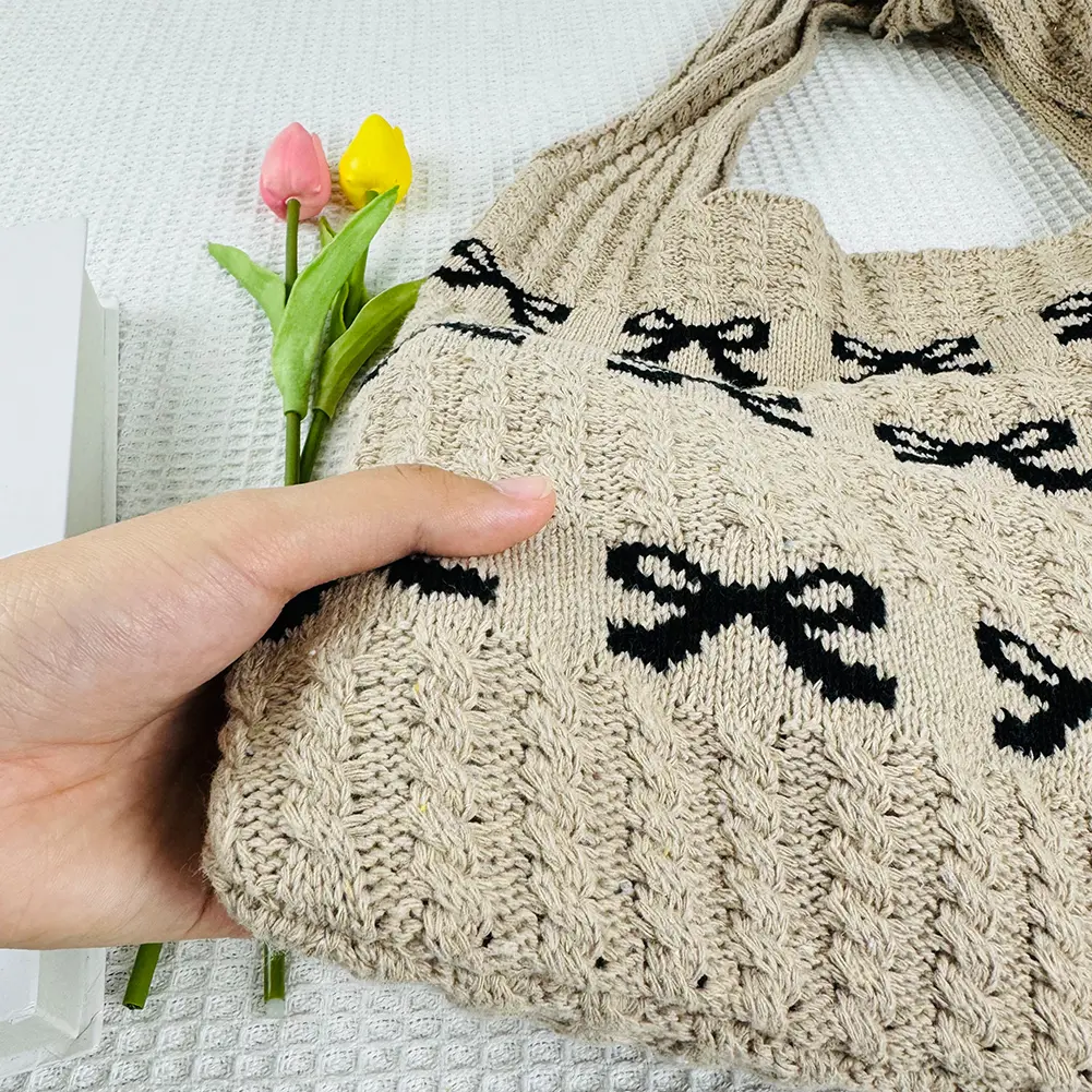 Women Crochet Shoulder Bag Large Capacity Bow Pattern Crochet Tote Bag Multifunctional Fashion Woven Bag for Shopping Traveling