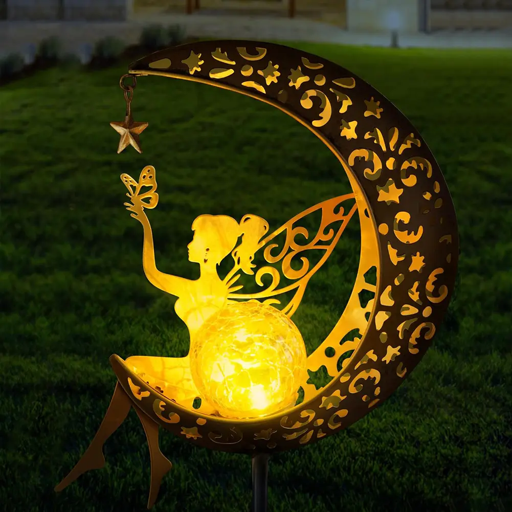Solar Garden Statues Outdoor Decor IP65 Waterproof Pathway Stake Light LED Moon Fairy Crackle Glass Light Unique Gift for Garden