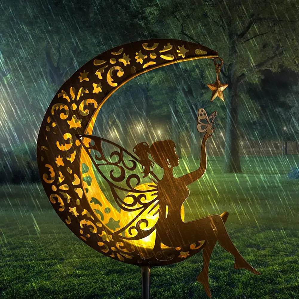 Solar Garden Statues Outdoor Decor IP65 Waterproof Pathway Stake Light LED Moon Fairy Crackle Glass Light Unique Gift for Garden