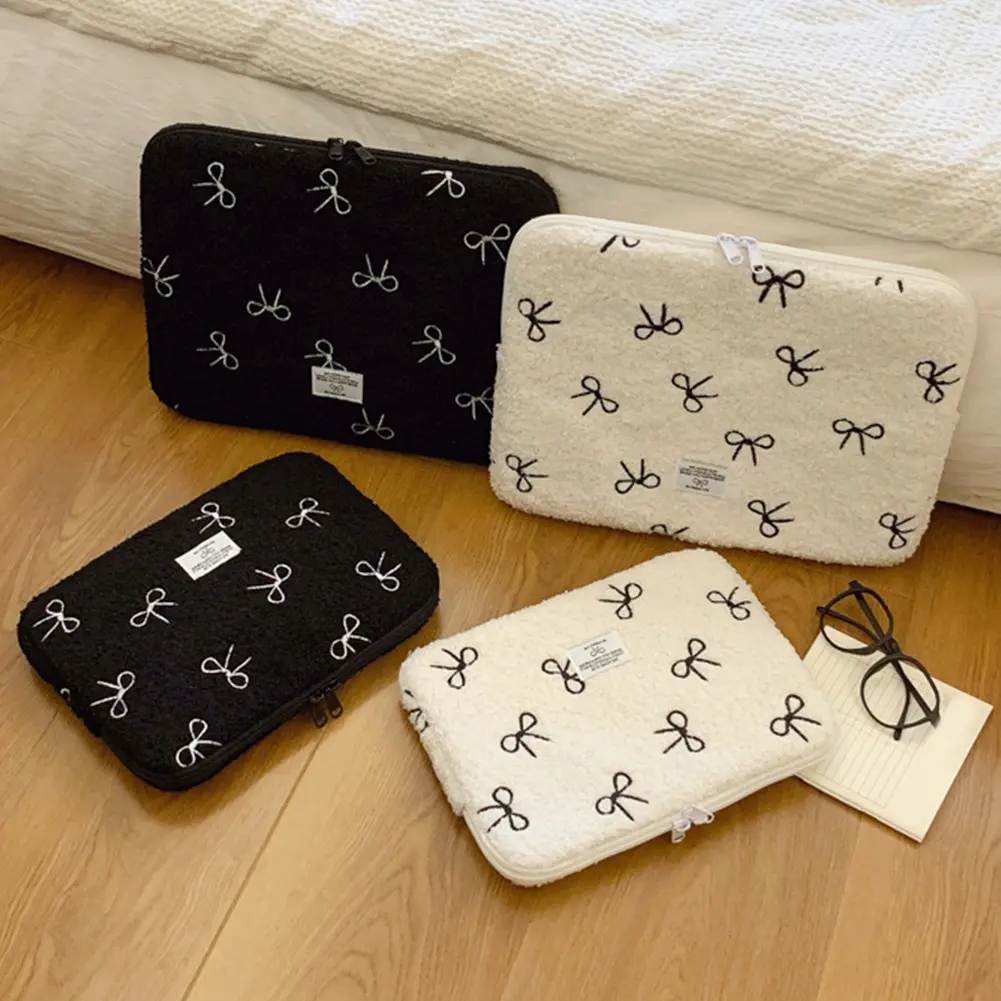 Bowknot Cute Laptop Sleeve Embroidery Fluffy Padded Bag Shockproof Plush Laptop Bag Commute Work Study Bag