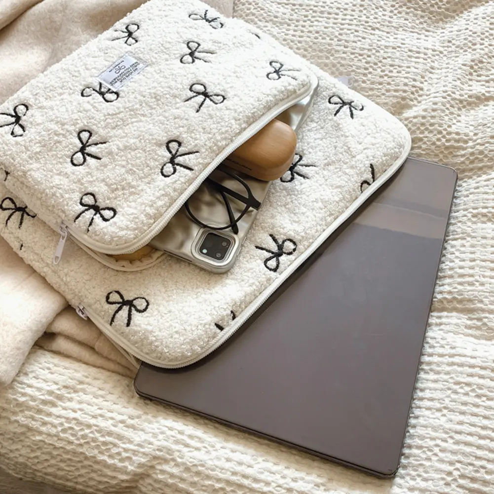 Bowknot Cute Laptop Sleeve Embroidery Fluffy Padded Bag Shockproof Plush Laptop Bag Commute Work Study Bag