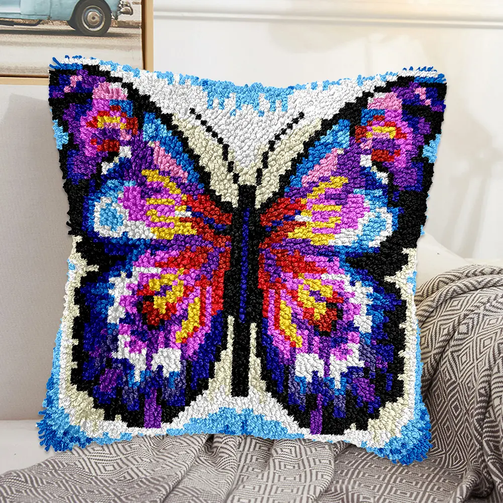 Colorful Butterfly Latch Hook Cushion Pillowcase DIY Embroidery Cross Stitch Pattern Latch Hook Pillowcase for Beginners 43x43cm