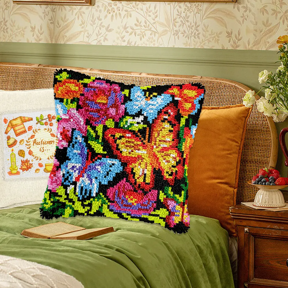 Colorful Butterfly Latch Hook Cushion Pillowcase DIY Embroidery Cross Stitch Pattern Latch Hook Pillowcase for Beginners 43x43cm