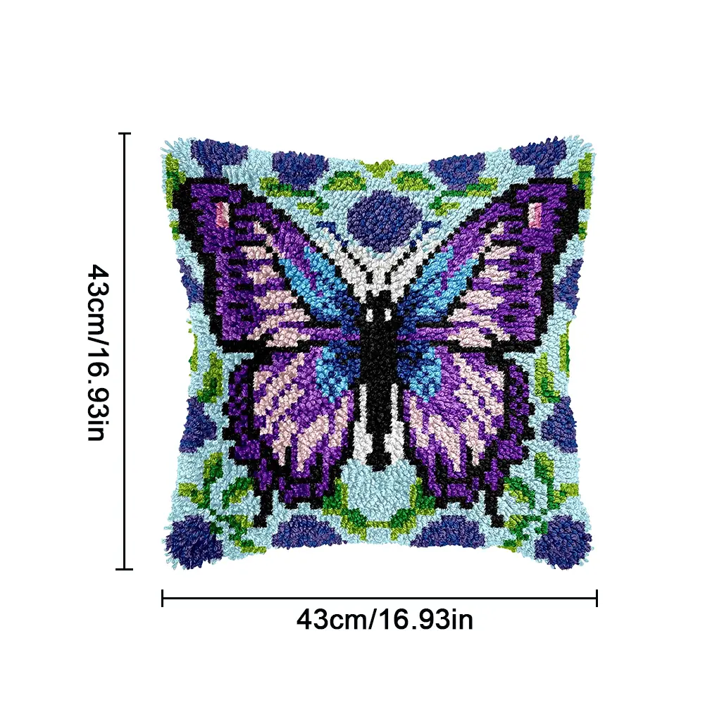 Colorful Butterfly Latch Hook Cushion Pillowcase DIY Embroidery Cross Stitch Pattern Latch Hook Pillowcase for Beginners 43x43cm