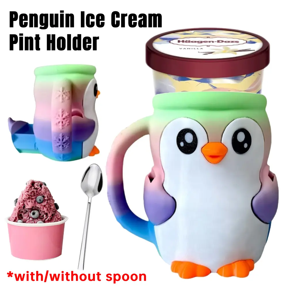 Reusable Penguin Ice Cream Pint Holder 3D Printed Ice Pint Containers W/ Snack Drawer & Antifreeze Handle Ice Cream Lovers Gifts