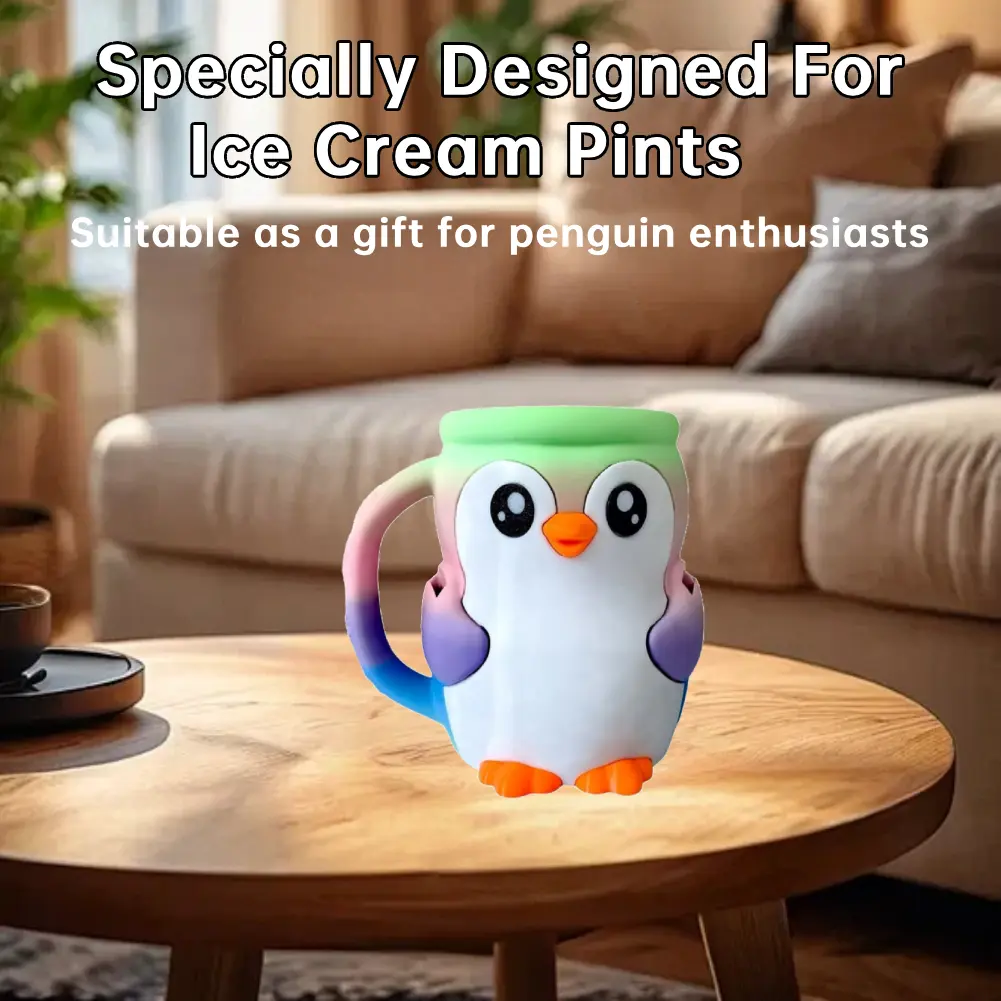 Reusable Penguin Ice Cream Pint Holder 3D Printed Ice Pint Containers W/ Snack Drawer & Antifreeze Handle Ice Cream Lovers Gifts