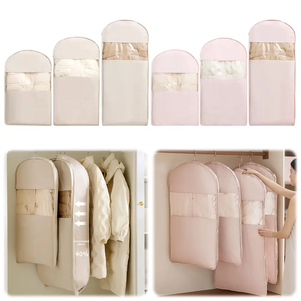Space Saving Hanging Garment Bag with Self Compression Zipper Space Saver Closet Organizer Coat Storage Bag for Down Coat Jacket