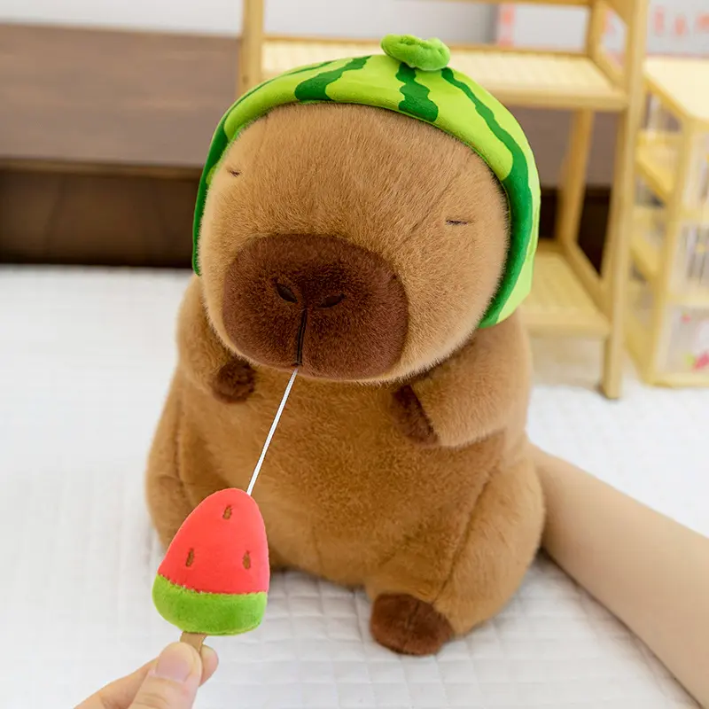 23/30cm Lovely Watermelon Capybara Plush Toy Stretchable Fluffy Capybara Doll Brown Animal Capybara Stuffed Doll Friends Gift